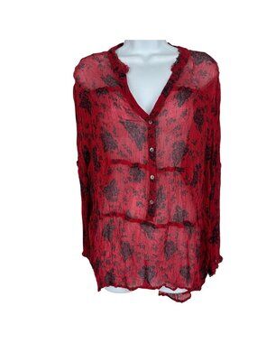 Sundance Elodie Red Black Floral Tiered Sheer Blouse Size XL